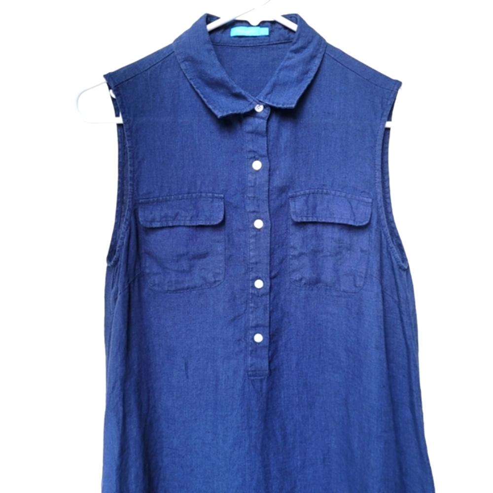 J.McLaughlin 100% Linen Sleeveless Shirt Dress Blue Pockets Size S - Picture 3 of 16